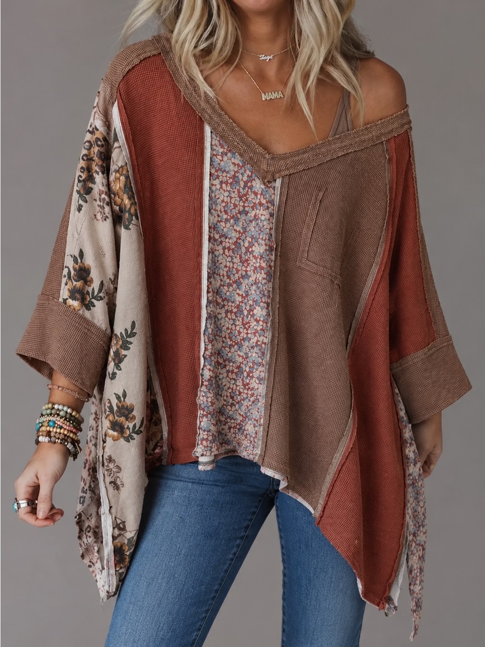 Oli & Hali Rust, Taupe & Cream Boho Oversized Asymmetric Patchwork Sweater Sz M